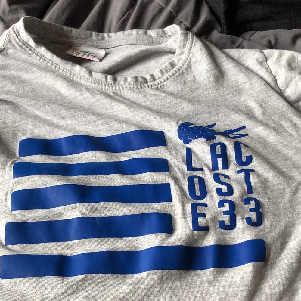 Lacoste Light Gray Tee with Blue Logo Stripes